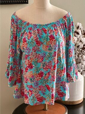 Stella Parker Off-Shoulder Floral Tunic Top bell sleeves in Teal and Pink -XL